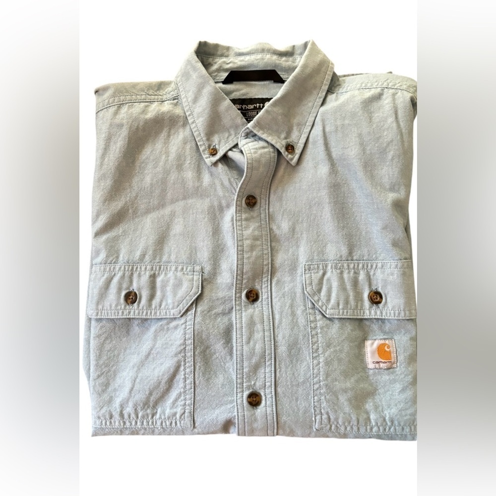 Carhartt Men’s Blue Chambray Loose Fit Casual SS Shirt Size L Button Down